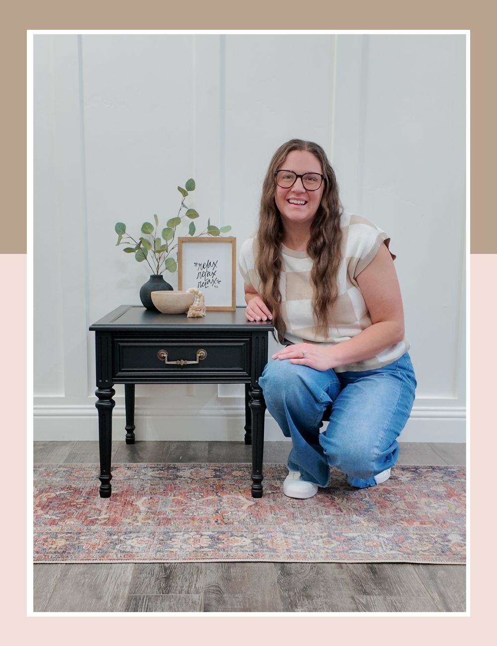 Natalie beside black end table