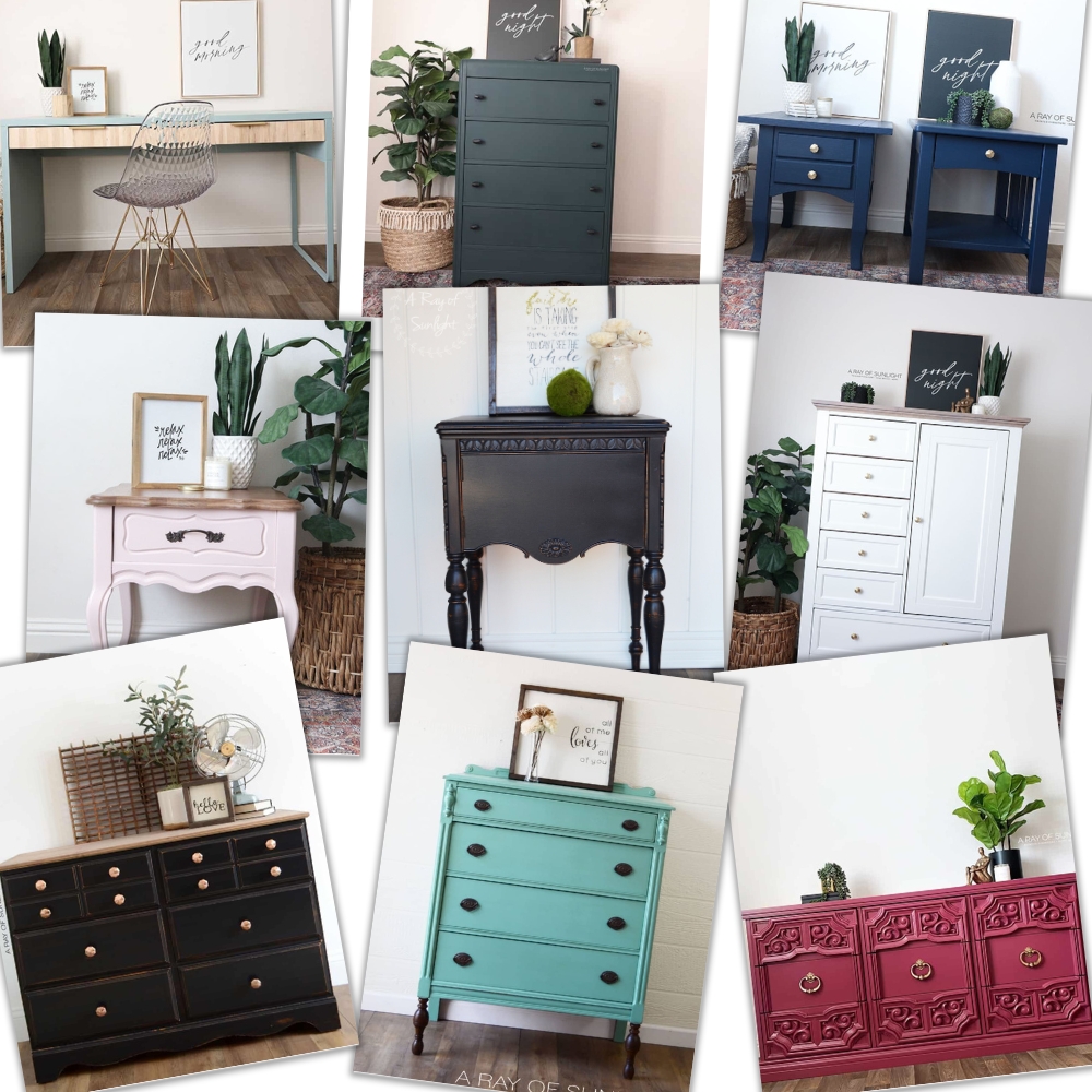 collage of after furniture makeover photos painted pink green white black blue
