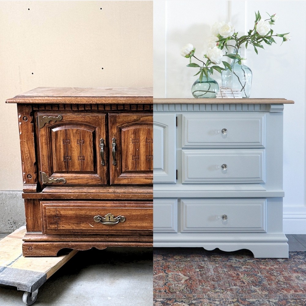 old wooden buffet before split screen with blue painted buffet with new hardware