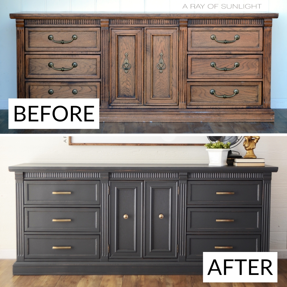 before and after wooden dresser painted gray