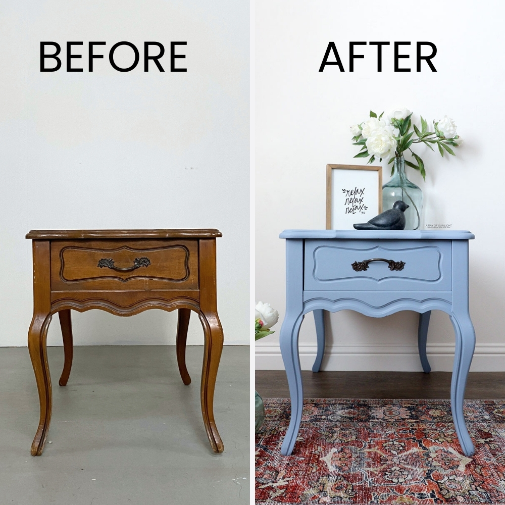 before and after nightstand makeover painted light blue